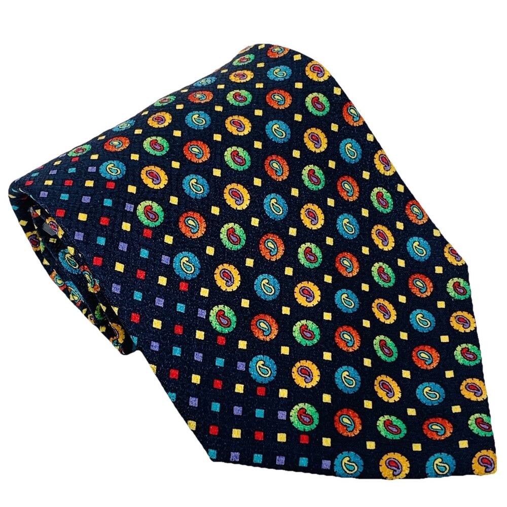 VITALIANO PANCALDI 100% Silk Tie 54” x 4” Multi Diamonds Paisley on Navy NWT